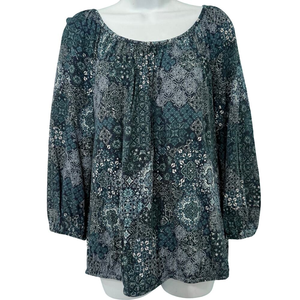 Michael Kors Blue Paisley Floral Scoop Neck Bracelet Sleeve Blouse Top size L - Picture 2 of 10